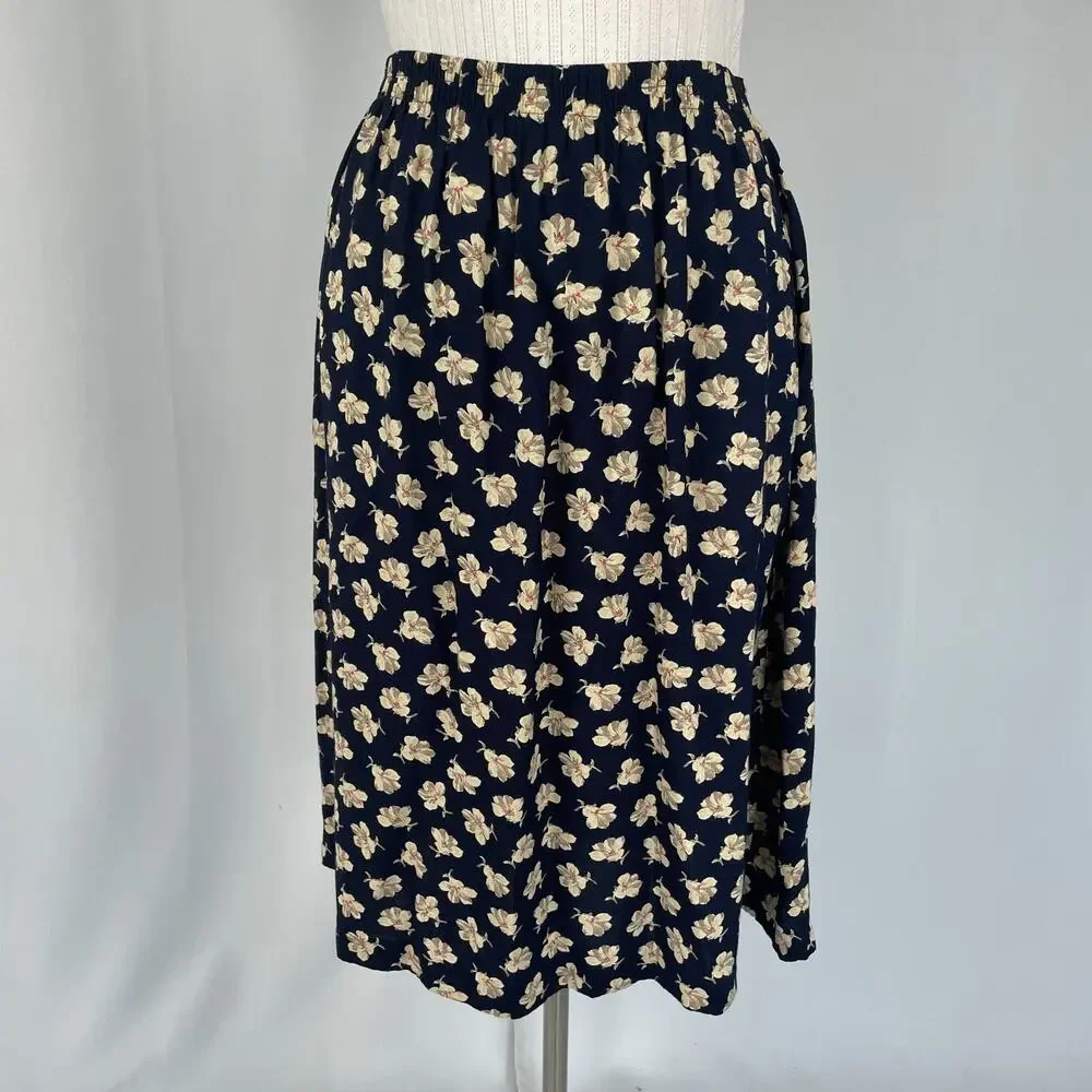 Vtg 90s Midi Skirt Size 12 Navy Blue Ditsy Floral A Line Cottage Boho Casual